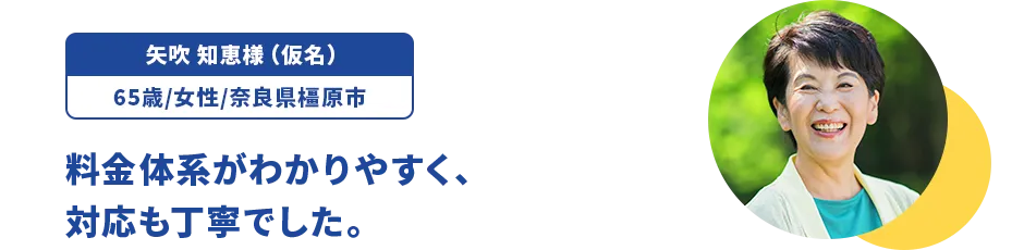 矢吹 知恵様（仮名）/65歳/女性/奈良県橿原市 料金体系がわかりやすく、対応も丁寧でした。