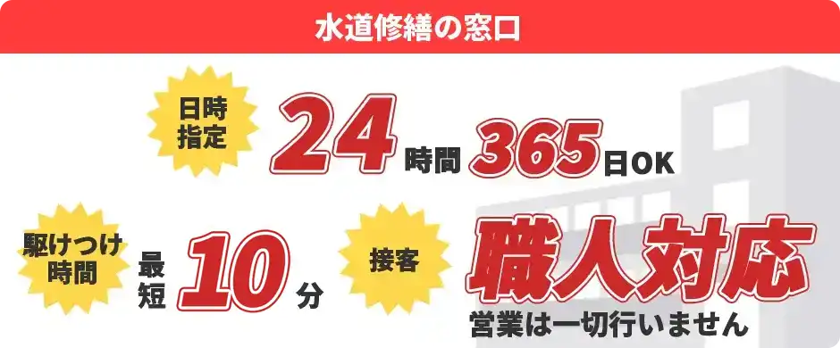 水道修繕の窓口：最安値2,980円～／日時指定24時間365日OK／駆けつけ時間最短10分／接客職人対応 営業は一切行いません
