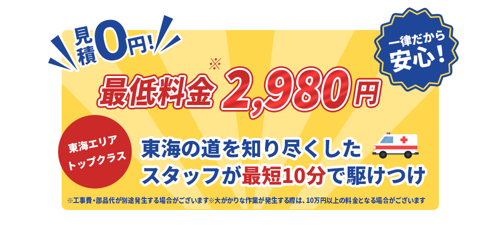 見積0円！ 最低料金2,980円一律だから安心！ 東海エリアトップクラス 東海の道を知り尽くしたスタッフが最短10分で駆けつけ ※工事費・部品代が別途発生する場合がございます。※大がかりな作業が発生する際は、10万円以上の料金となる場合がございます。