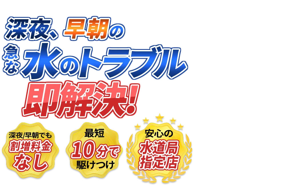 水漏れ、詰まり どんな水のトラブルも2,980円～即解決！　見積もり0円　最短10分で駆けつけ　安心の水道局指定店