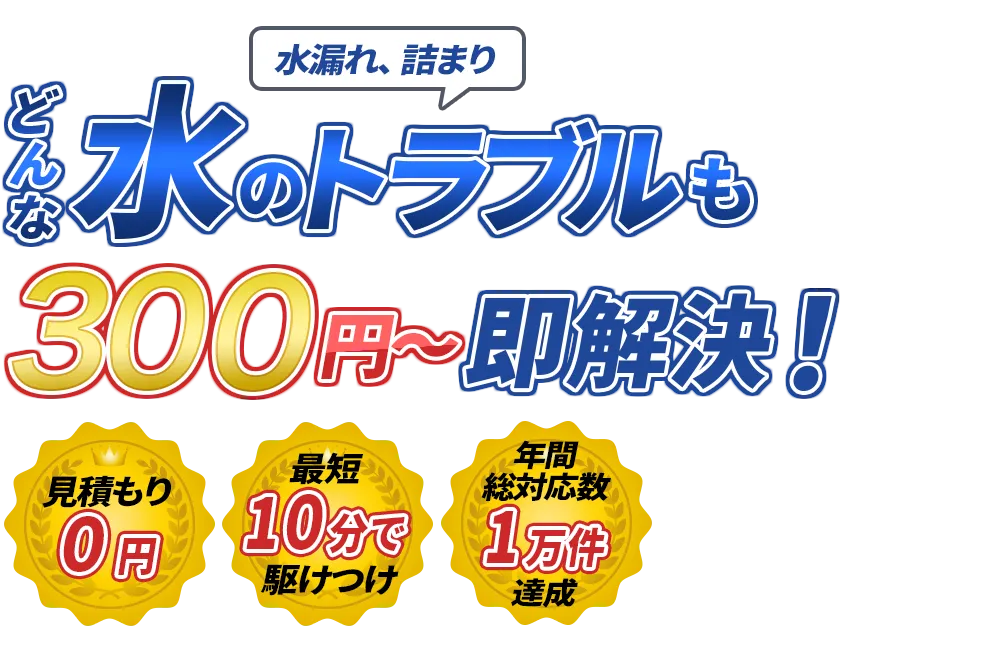 水漏れ、詰まり どんな水のトラブルも300円～即解決！　見積もり0円　最短10分で駆けつけ　年間装対応数1万件達成