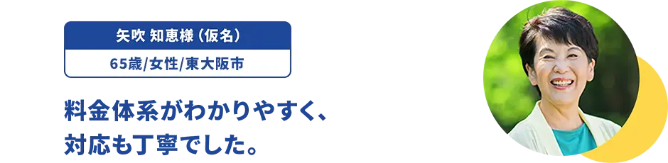 矢吹 知恵様（仮名）/65歳/女性/奈良県橿原市 料金体系がわかりやすく、対応も丁寧でした。