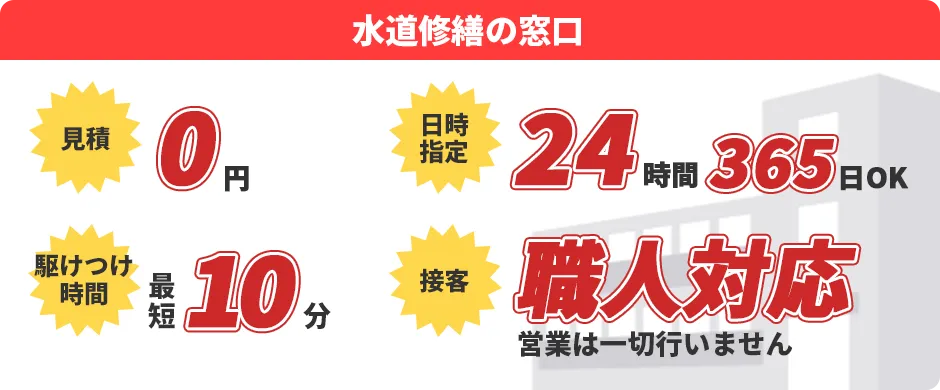 水道修繕の窓口：見積0円／日時指定24時間365日OK／駆けつけ時間最短10分／接客職人対応 営業は一切行いません