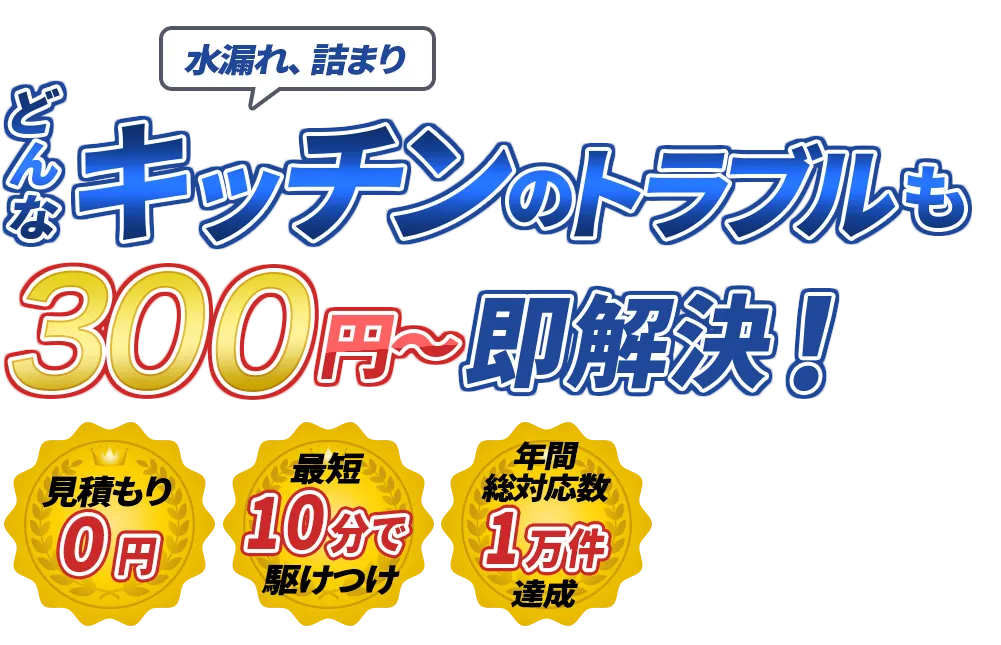 水漏れ、詰まり どんな水のトラブルも即解決！　見積もり0円　最短10分で駆けつけ　年間装対応数1万件達成