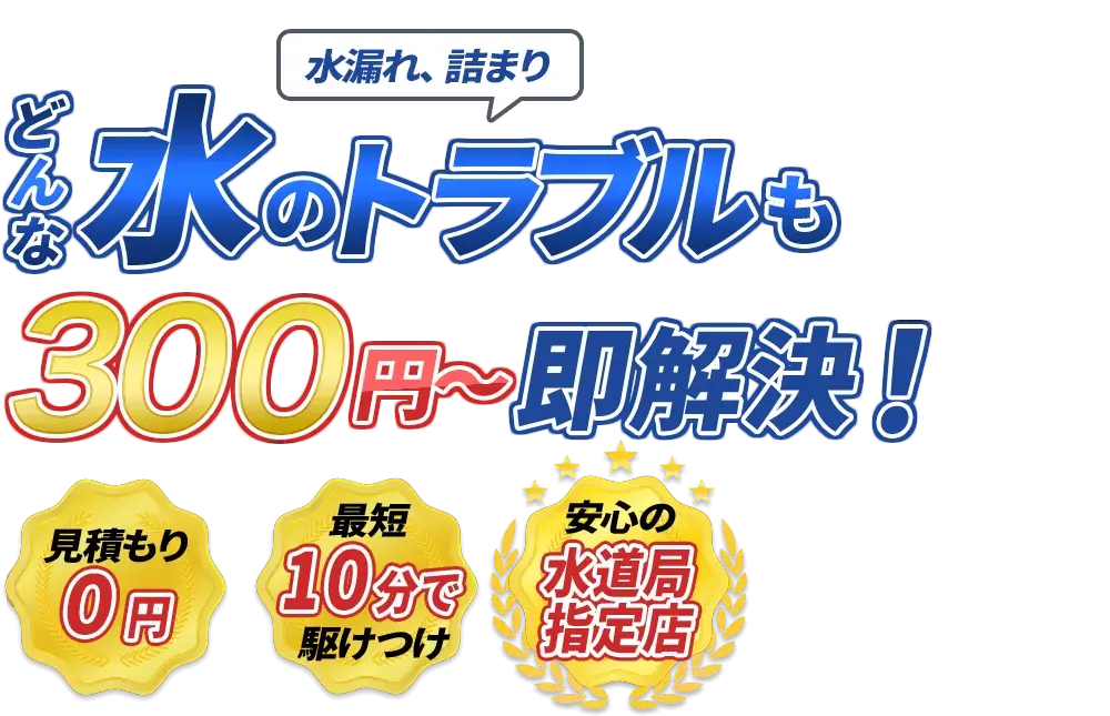 水漏れ、詰まり どんな水のトラブルも300円～即解決！　見積もり0円　最短10分で駆けつけ　年間装対応数1万件達成