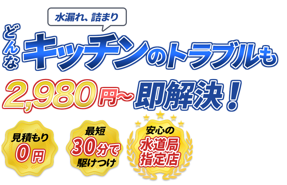水漏れ、詰まり どんなキッチンのトラブルも2980円～即解決！　見積もり0円　最短30分で駆けつけ　安心の水道局指定店