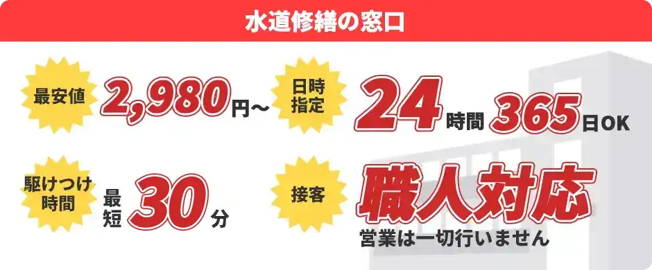 水道修繕の窓口：最安値300円～／日時指定24時間365日OK／駆けつけ時間最短30分／接客職人対応 営業は一切行いません