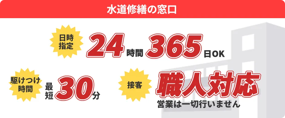 水道修繕の窓口：最安値300円～／日時指定24時間365日OK／駆けつけ時間最短30分／接客職人対応 営業は一切行いません