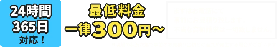 24時間、365日対応！最低料金一律300円～まずはお電話にて事前にお見積り致します。不当な高額請求は一切致しません。※現場の状況次第で事前のお見積り金額との差異が発生する場合がございます