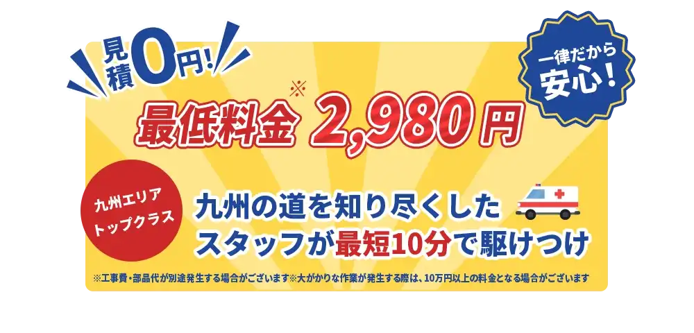 見積0円！ 最低料金2980円一律だから安心！ 九州エリアトップクラス 九州の道を知り尽くしたスタッフが最短10分で駆けつけ ※工事費・部品代が別途発生する場合がございます。※大がかりな作業が発生する際は、10万円以上の料金となる場合がございます。
