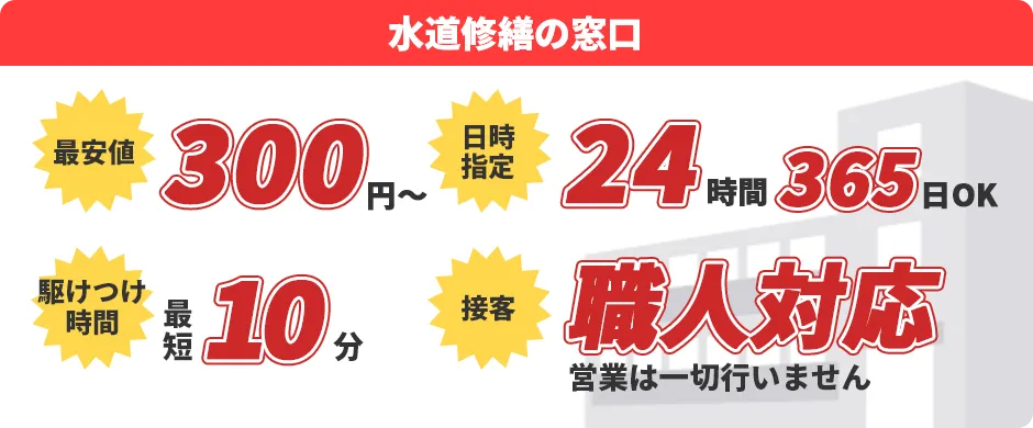 水道修繕の窓口：最安値300円～／日時指定24時間365日OK／駆けつけ時間最短10分／接客職人対応 営業は一切行いません