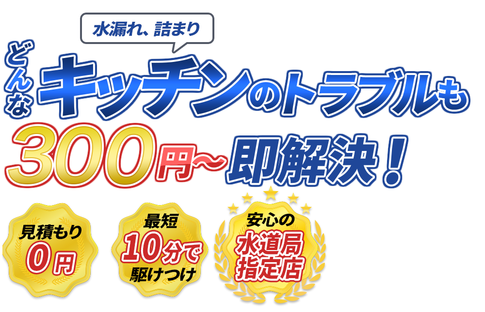 水漏れ、詰まり どんなキッチンのトラブルも300円～即解決！　見積もり0円　最短10分で駆けつけ　安心の水道局指定店
